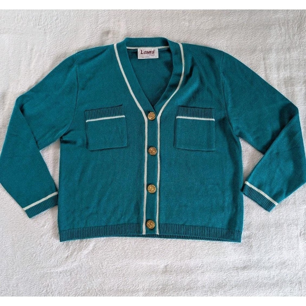 Vtg Cardigan Teal Gold Rose Button V-Neck Sz S Knit Mod Twee Preppy Made in USA